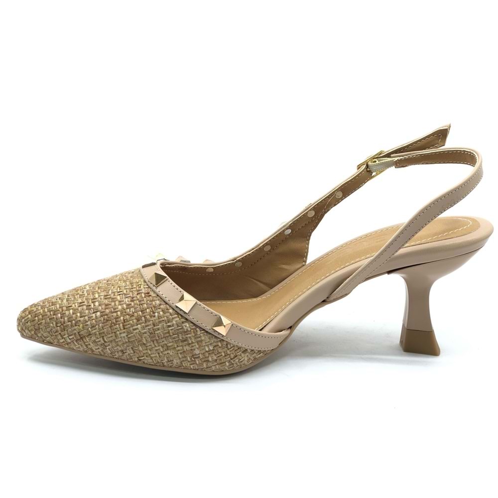 Feles Hasır Zımba Detaylı Arkası Açık Stiletto Kadın Topuklu Ayakkabı