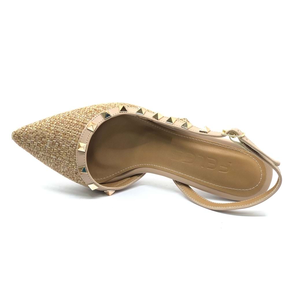 Feles Hasır Zımba Detaylı Arkası Açık Stiletto Kadın Topuklu Ayakkabı