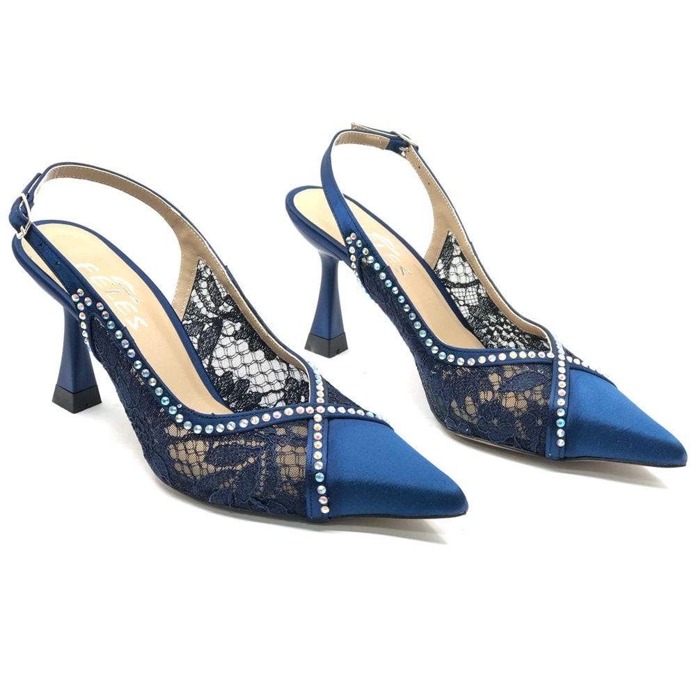 Feles Saten Dantel Taş Detaylı Arkası Açık Stiletto Kadın Topuklu Ayakkabı