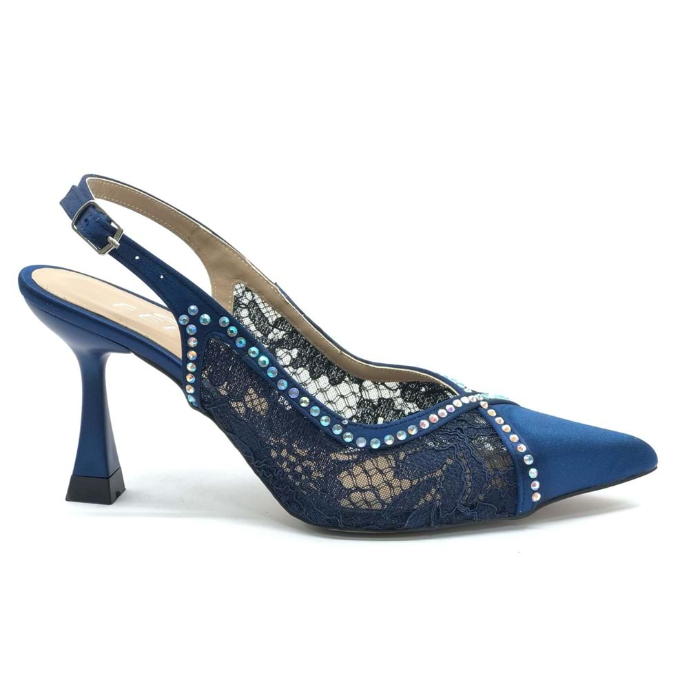 Feles Saten Dantel Taş Detaylı Arkası Açık Stiletto Kadın Topuklu Ayakkabı