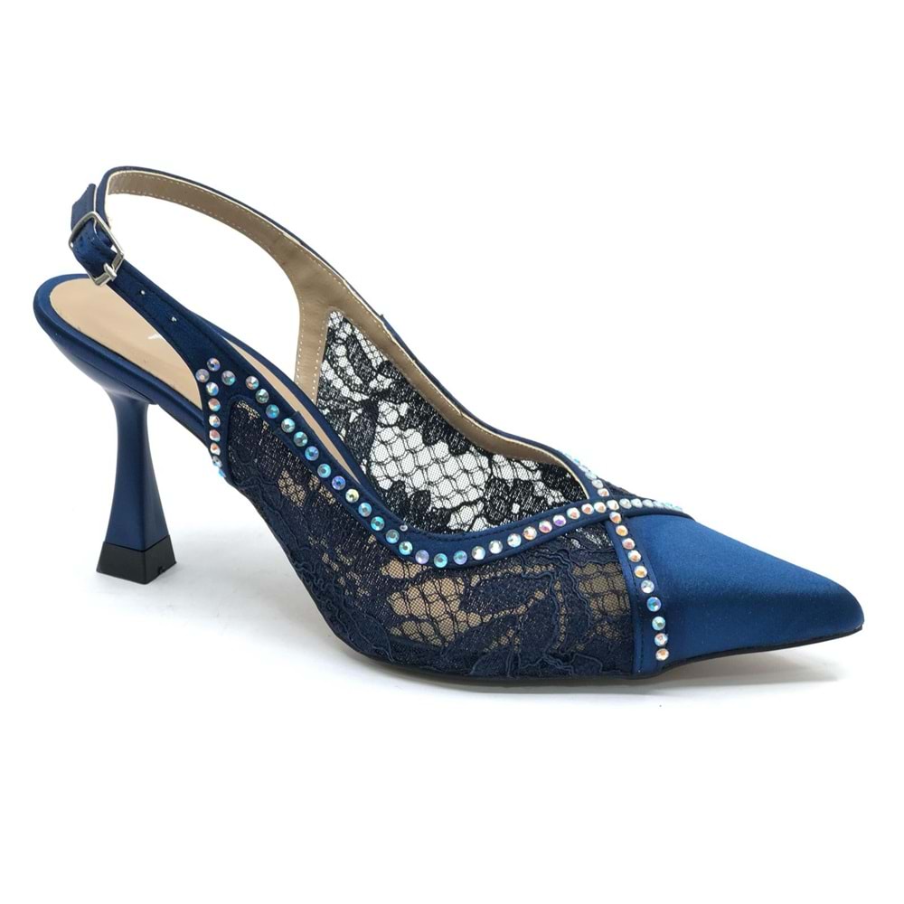 Feles Saten Dantel Taş Detaylı Arkası Açık Stiletto Kadın Topuklu Ayakkabı