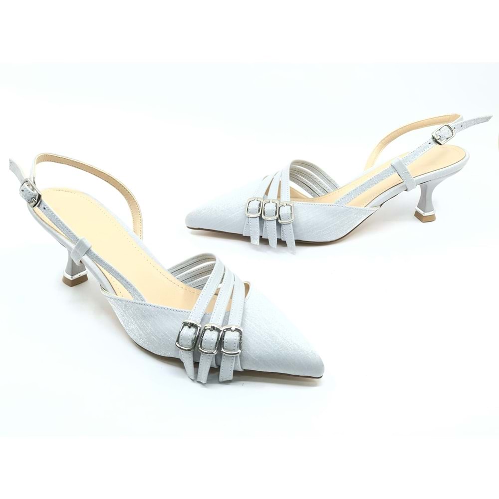 Feles Şeker Topuklu Üç Toka Detaylı Arkası Açık Stiletto Kadın Kısa Topuklu Ayakkabı