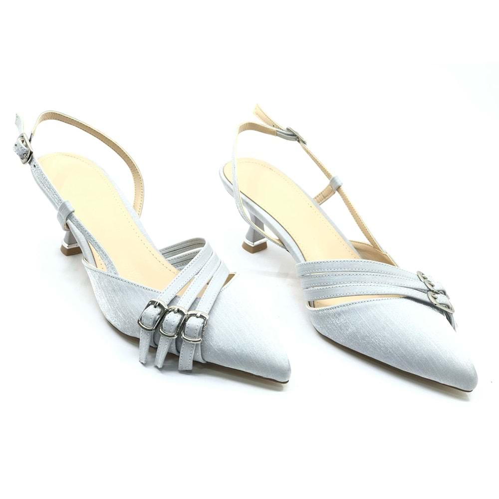 Feles Şeker Topuklu Üç Toka Detaylı Arkası Açık Stiletto Kadın Kısa Topuklu Ayakkabı