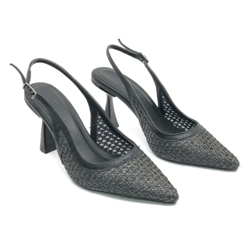 Feles Hasır Detaylı Arkası Açık Stiletto Kadın Topuklu Ayakkabı