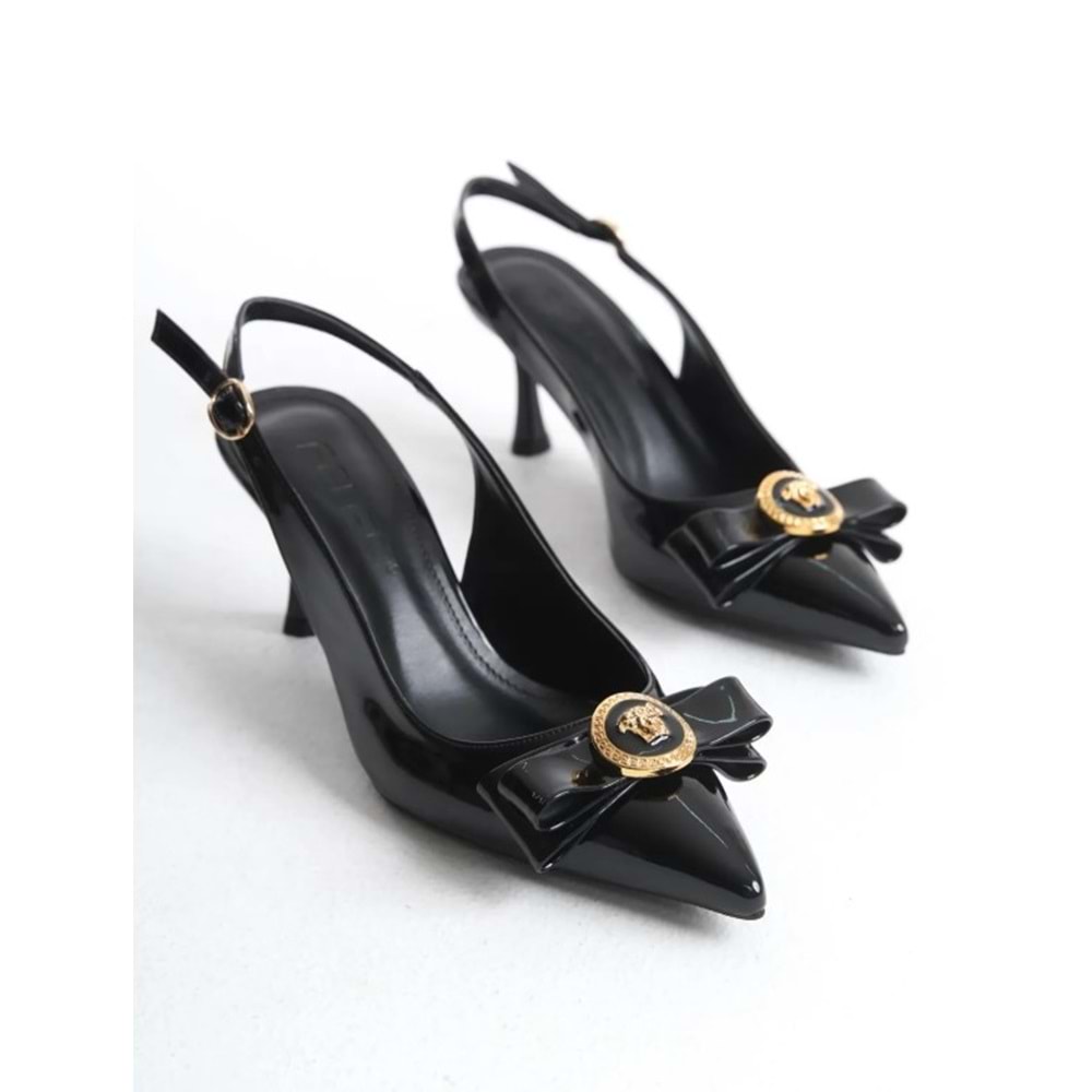 Feles Fiyonk Sarı Toka Detaylı Arkası Açık Stiletto Kadın Topuklu Ayakkabı