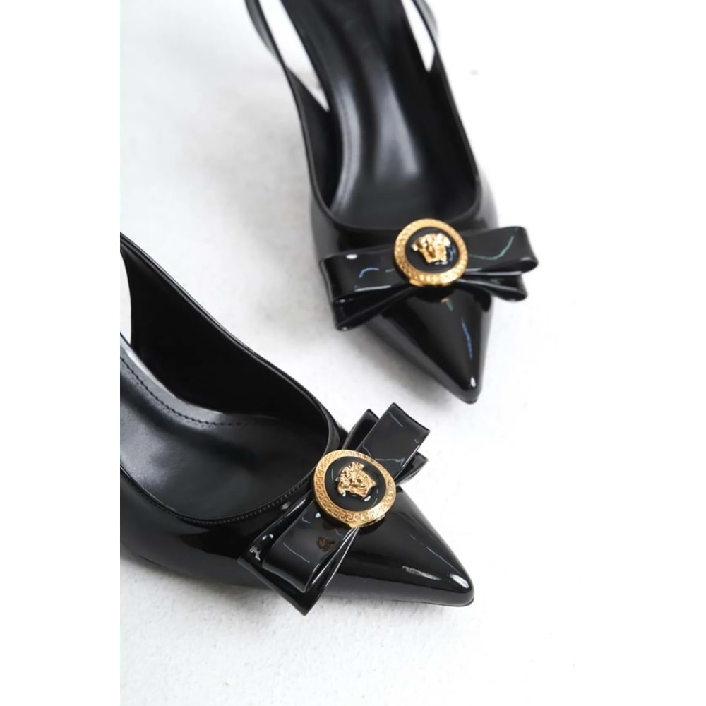 Feles Fiyonk Sarı Toka Detaylı Arkası Açık Stiletto Kadın Topuklu Ayakkabı