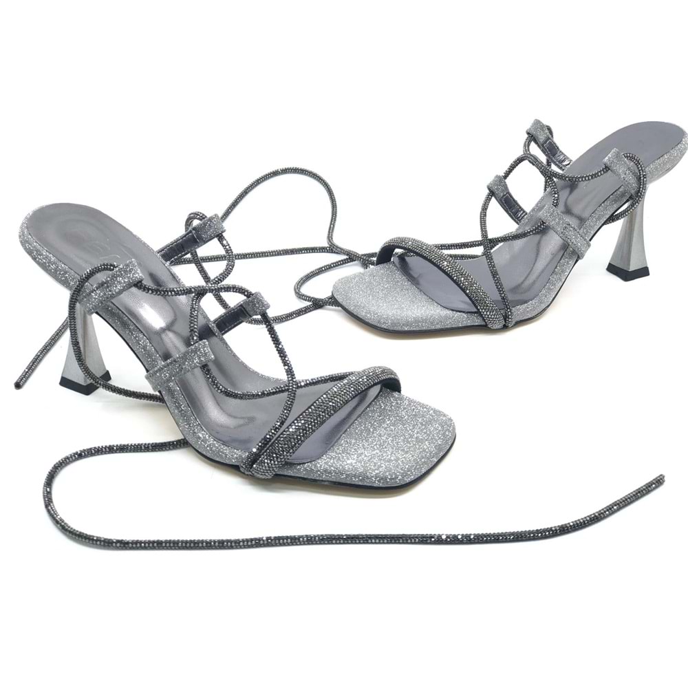 Feles Bilekten Bağlamalı Taş Detaylı Topuklu Kadın Abiye Ayakkabı