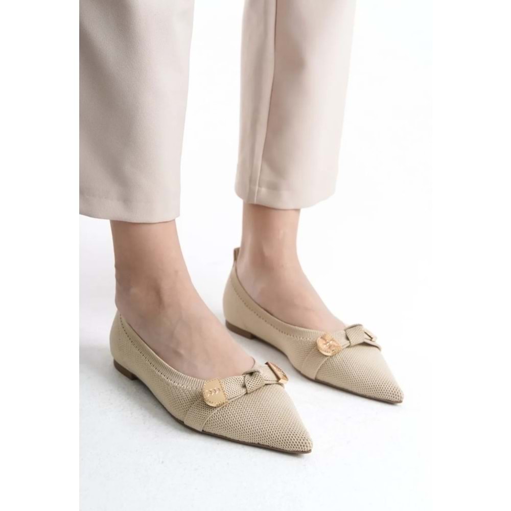 Feles Triko Fiyonk Detaylı Sivri Burun Kadın Babet Ayakkabı