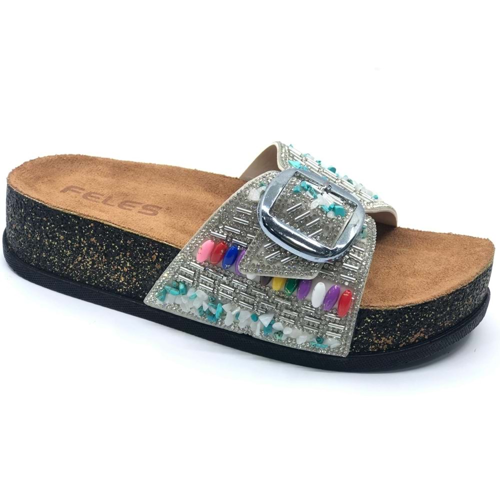 Feles Tek Toka Mantar Taban Taş Detaylı Kadın Terlik