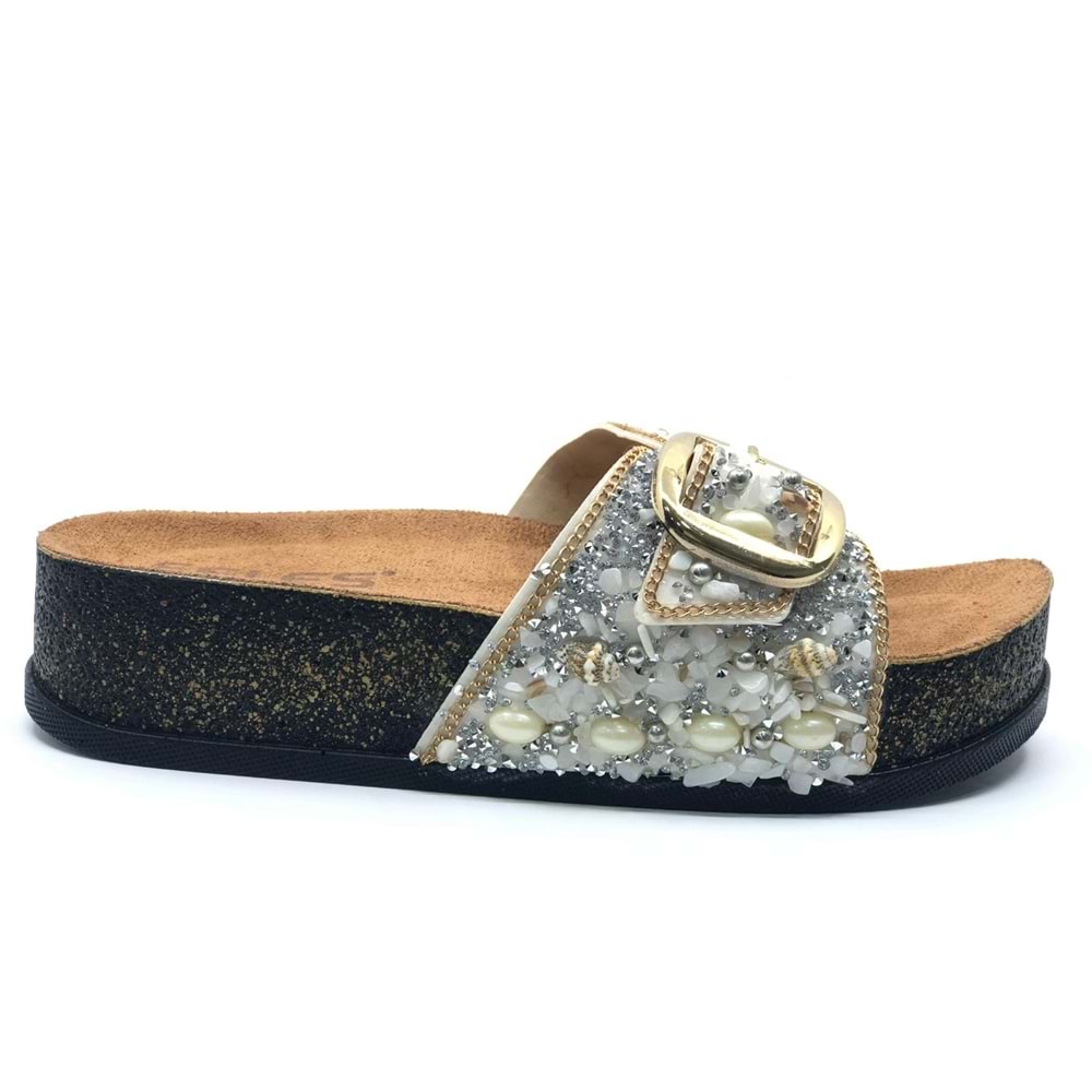 Feles Tek Toka Mantar Taban Taş Detaylı Kadın Terlik