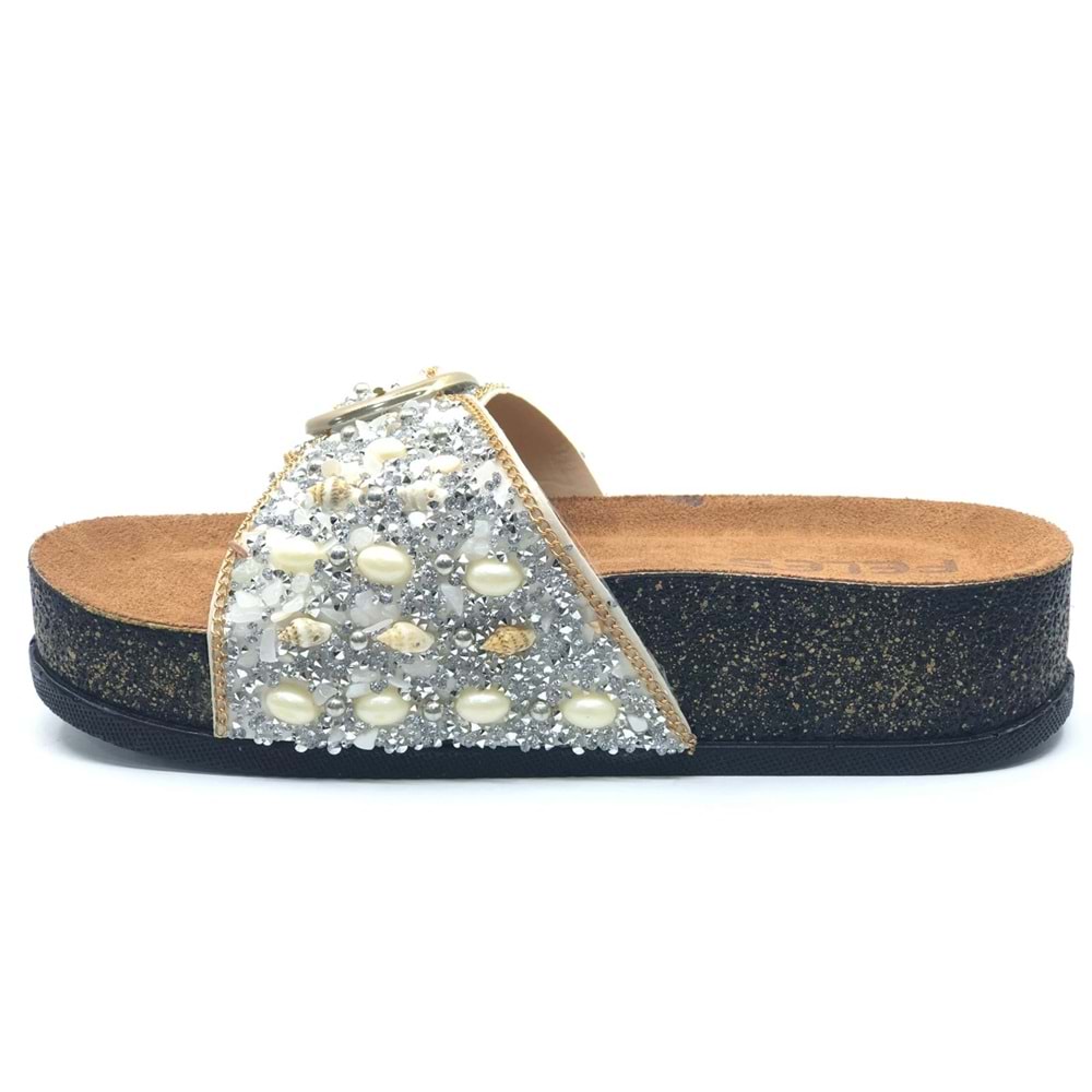 Feles Tek Toka Mantar Taban Taş Detaylı Kadın Terlik