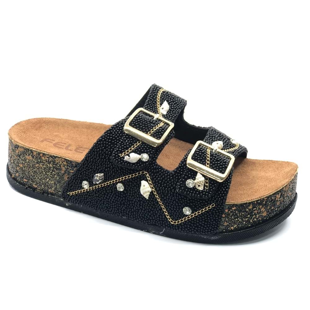 Feles Çift Toka Mantar Taban Taş Detaylı Kadın Terlik