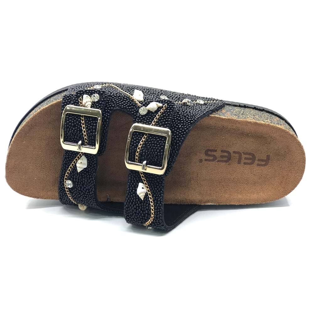 Feles Çift Toka Mantar Taban Taş Detaylı Kadın Terlik