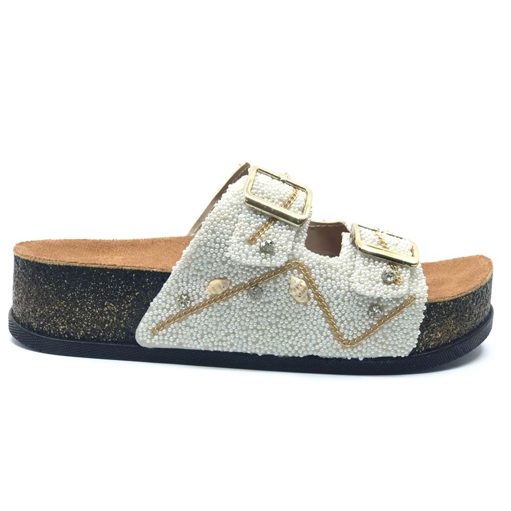 Feles Çift Toka Mantar Taban Taş Detaylı Kadın Terlik