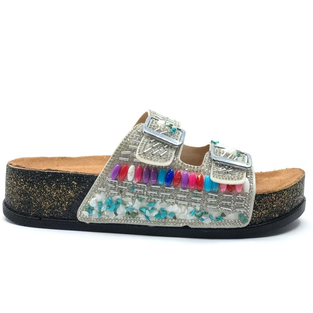 Feles Çift Toka Mantar Taban Taş Detaylı Kadın Terlik