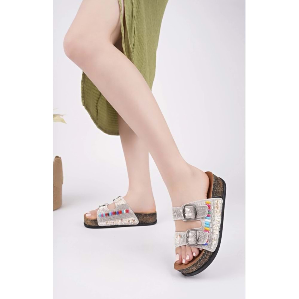 Feles Çift Toka Mantar Taban Taş Detaylı Kadın Terlik