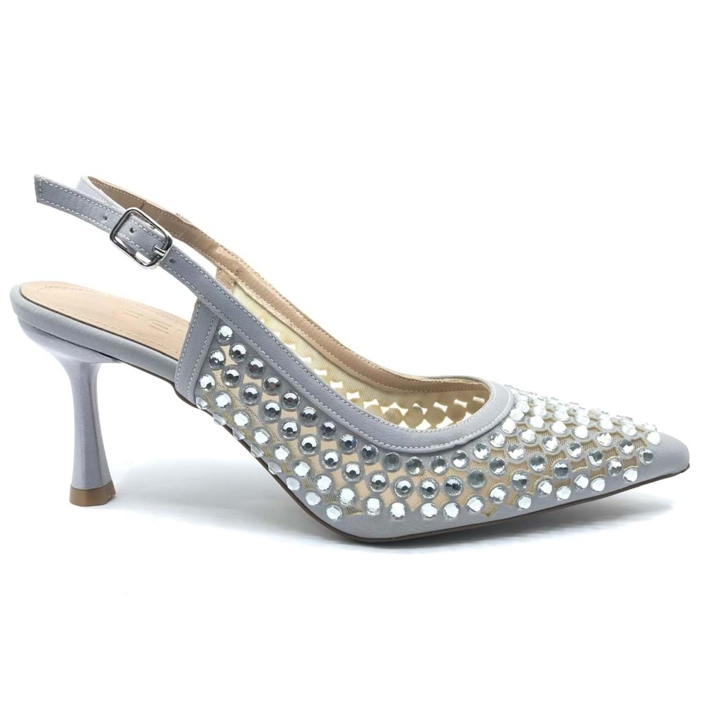 Feles Arkası Açık Zümrüt Taş Detaylı Stiletto Kadın Ayakkabı