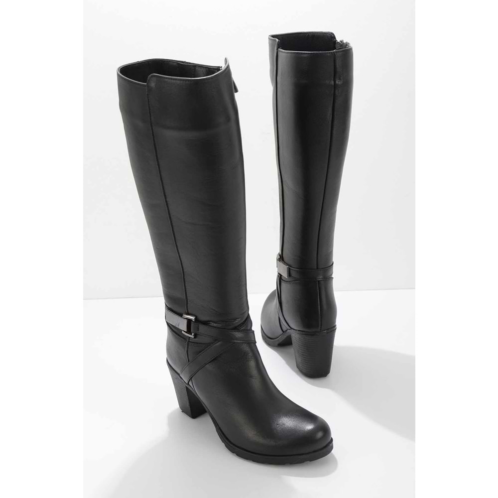 Ayakdaş Diz Altı Tokalı Topuklu Hakiki Deri Kadın Çizme