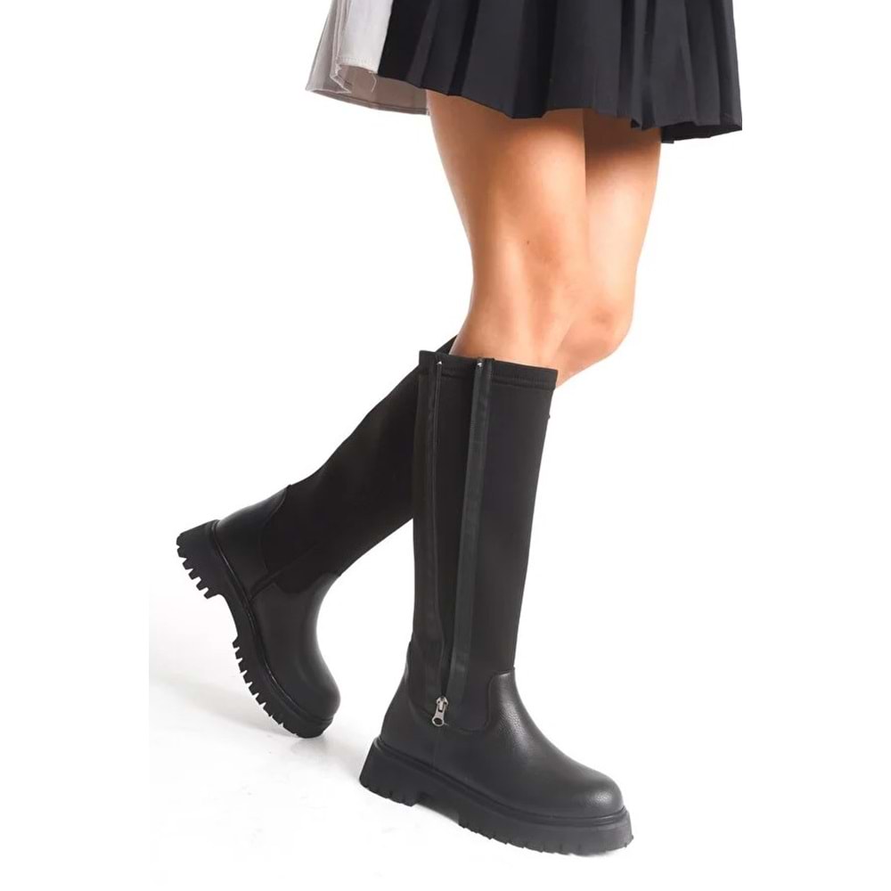 Feles Binici Düz Taban Streç Çift Fermuarlı Kadın Çizme