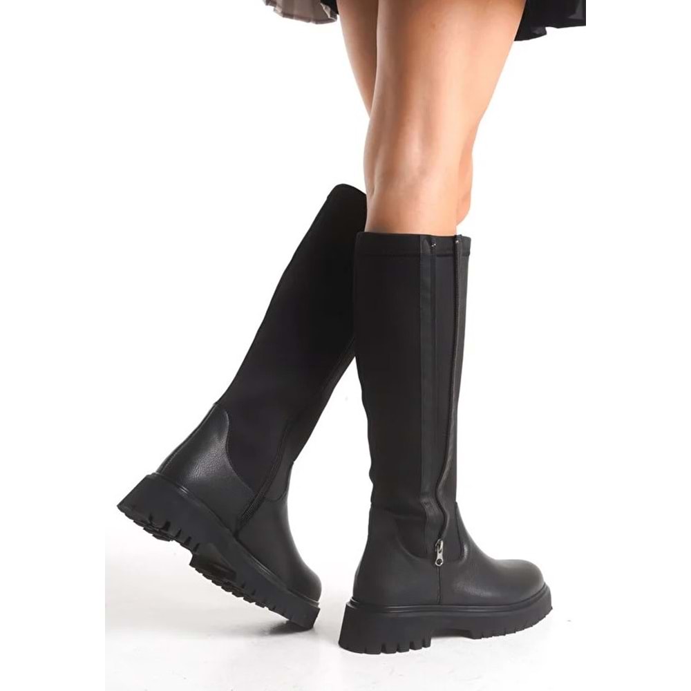 Feles Binici Düz Taban Streç Çift Fermuarlı Kadın Çizme