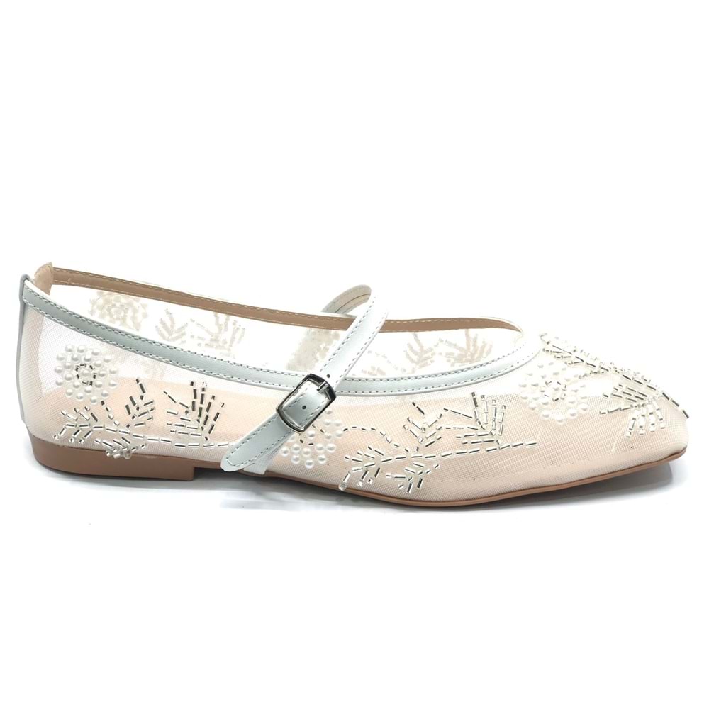 Feles Kemer Toka İnci Taş Detaylı Fileli Küt Burun Kadın Babet Ayakkabı