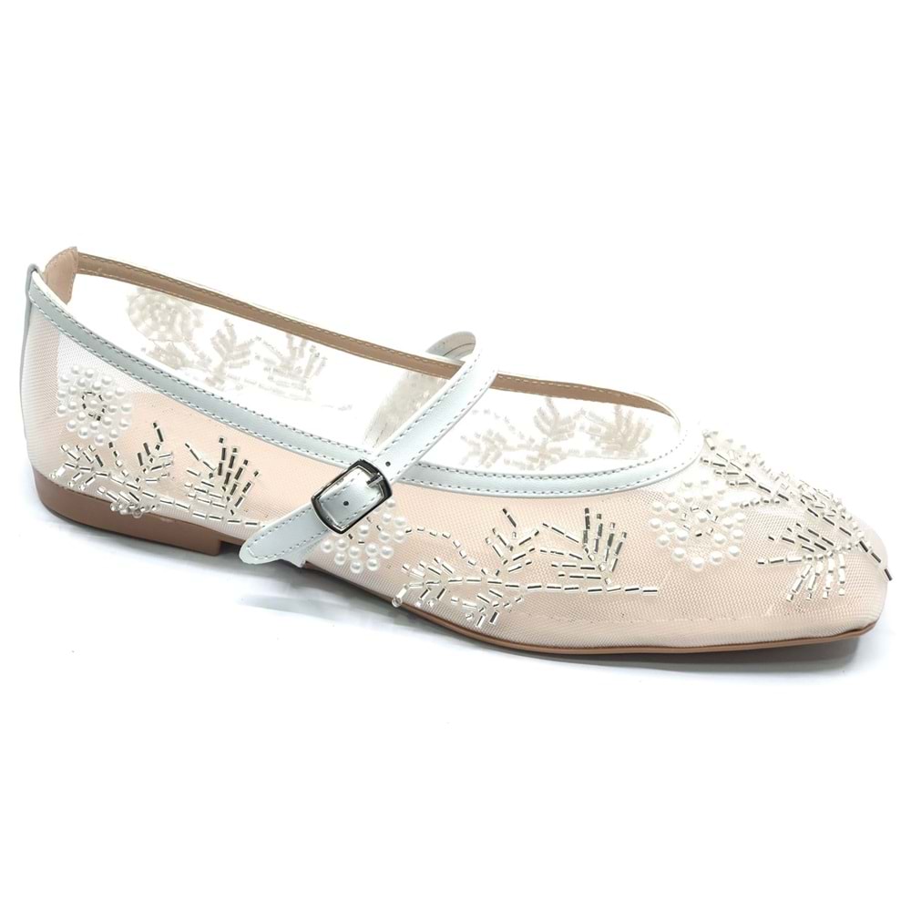 Feles Kemer Toka İnci Taş Detaylı Fileli Küt Burun Kadın Babet Ayakkabı