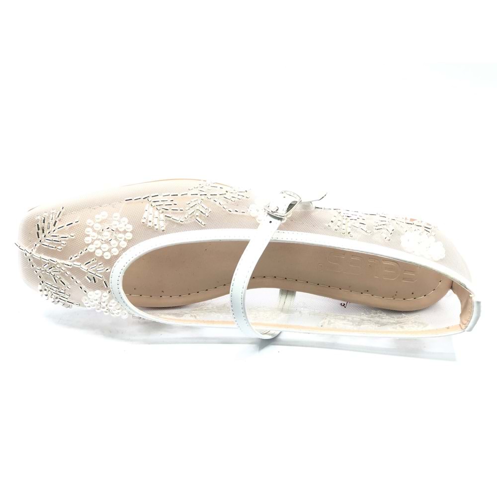 Feles Kemer Toka İnci Taş Detaylı Fileli Küt Burun Kadın Babet Ayakkabı