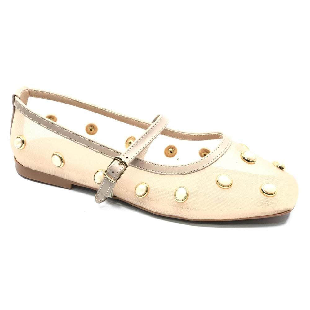 Feles Kemer Toka Taş Detaylı Fileli Kadın Babet Ayakkabı