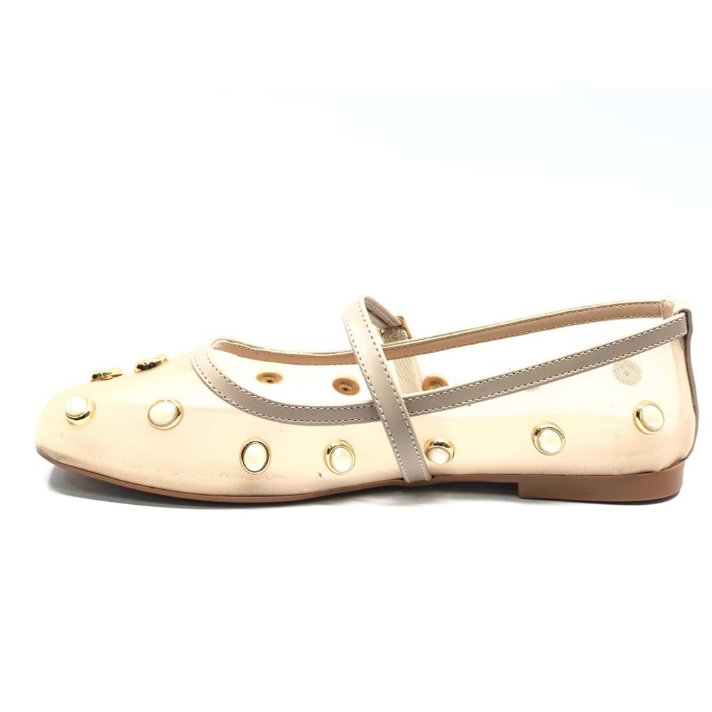 Feles Kemer Toka Taş Detaylı Fileli Kadın Babet Ayakkabı