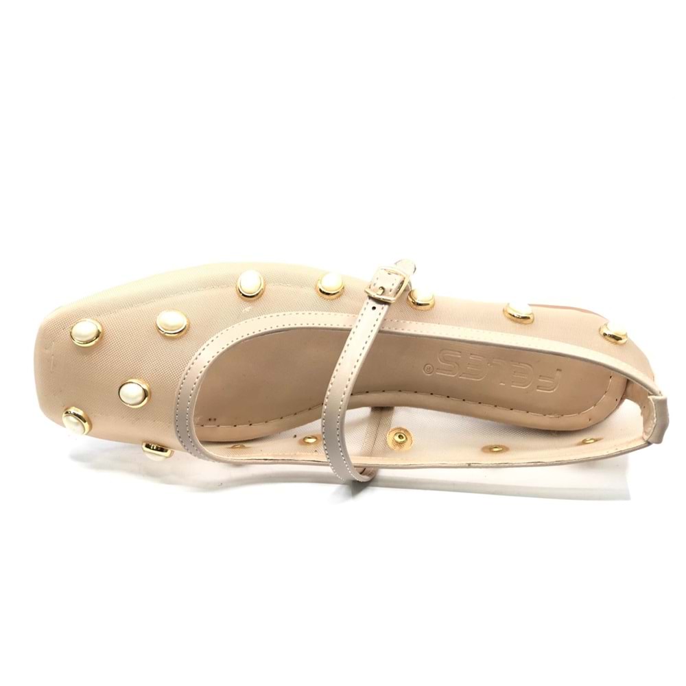 Feles Kemer Toka Taş Detaylı Fileli Kadın Babet Ayakkabı