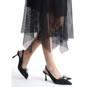 Feles Saten Fiyonk Taş Detaylı Arkası Açık Stiletto Kadın Topuklu Ayakkabı