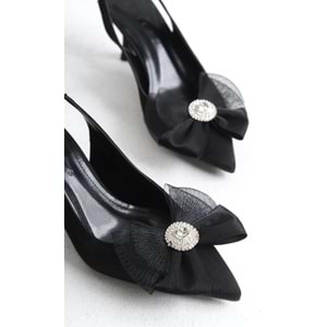 Feles Saten Fiyonk Taş Detaylı Arkası Açık Stiletto Kadın Topuklu Ayakkabı