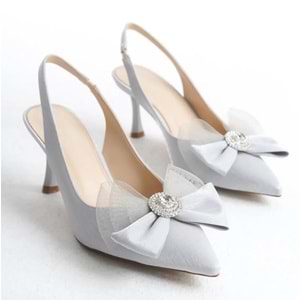 Feles Saten Fiyonk Taş Detaylı Arkası Açık Stiletto Kadın Topuklu Ayakkabı