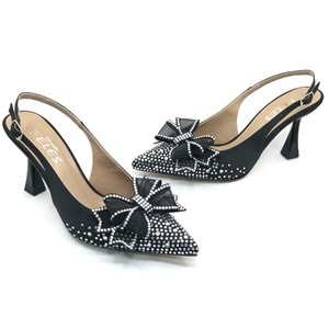 Feles Saten Kurdela Taş Detaylı Arkası Açık Stiletto Kadın Topuklu Ayakkabı