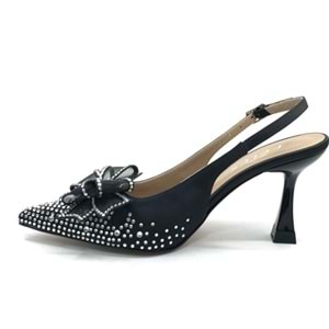 Feles Saten Kurdela Taş Detaylı Arkası Açık Stiletto Kadın Topuklu Ayakkabı