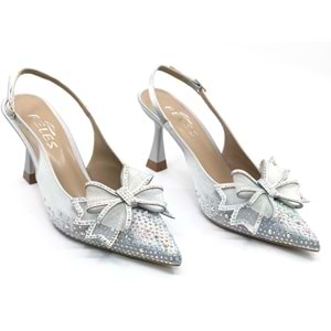 Feles Saten Kurdela Taş Detaylı Arkası Açık Stiletto Kadın Topuklu Ayakkabı