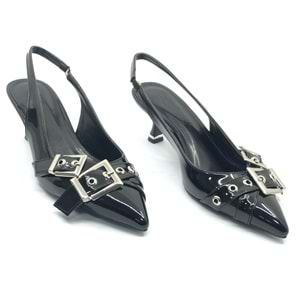 Feles Şeker Topuklu Çift Toka Detaylı Arkası Açık Stiletto Kadın Kısa Topuklu Ayakkabı