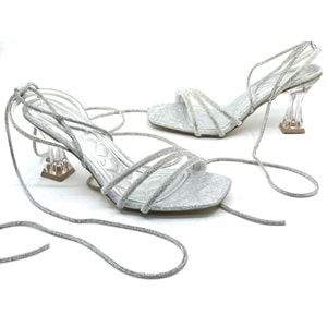 Ventes Bilekten Bağlamalı Şeffaf Topuklu Kadın Abiye Ayakkabı