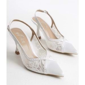 Feles Saten Dantel Taş Detaylı Arkası Açık Stiletto Kadın Topuklu Ayakkabı