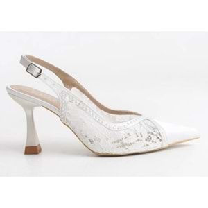 Feles Saten Dantel Taş Detaylı Arkası Açık Stiletto Kadın Topuklu Ayakkabı