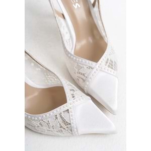 Feles Saten Dantel Taş Detaylı Arkası Açık Stiletto Kadın Topuklu Ayakkabı