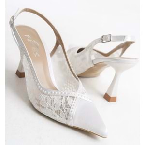 Feles Saten Dantel Taş Detaylı Arkası Açık Stiletto Kadın Topuklu Ayakkabı