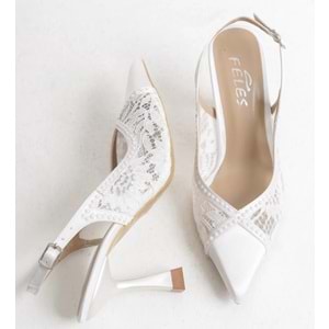 Feles Saten Dantel Taş Detaylı Arkası Açık Stiletto Kadın Topuklu Ayakkabı