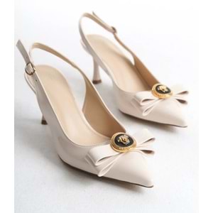 Feles Fiyonk Sarı Toka Detaylı Arkası Açık Stiletto Kadın Topuklu Ayakkabı