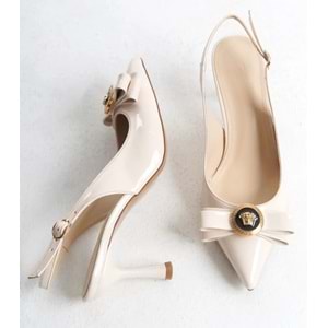 Feles Fiyonk Sarı Toka Detaylı Arkası Açık Stiletto Kadın Topuklu Ayakkabı