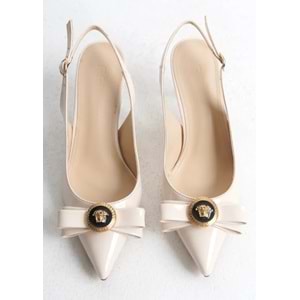 Feles Fiyonk Sarı Toka Detaylı Arkası Açık Stiletto Kadın Topuklu Ayakkabı