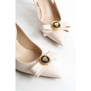 Feles Fiyonk Sarı Toka Detaylı Arkası Açık Stiletto Kadın Topuklu Ayakkabı