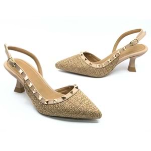 Feles Hasır Zımba Detaylı Arkası Açık Stiletto Kadın Topuklu Ayakkabı