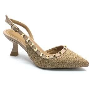 Feles Hasır Zımba Detaylı Arkası Açık Stiletto Kadın Topuklu Ayakkabı