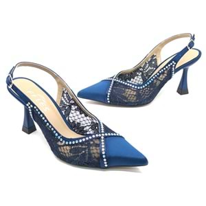 Feles Saten Dantel Taş Detaylı Arkası Açık Stiletto Kadın Topuklu Ayakkabı